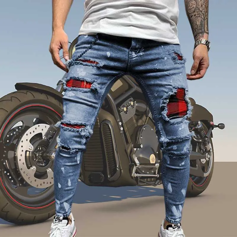 Jeans skinny strappati da uomo Pantaloni slim da locomotiva con foro a matita Cerniera Biker Pantaloni hip-hop in denim da jogging Abbigliamento da strada Uomo X0621207T