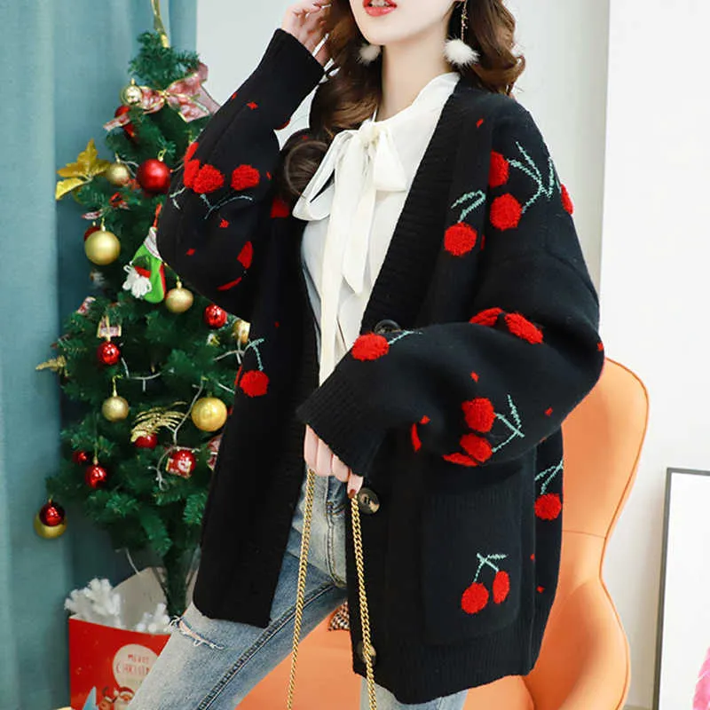 Azyt fruta bordado de cerejeira de malha cardigan outono v pescoço oversize mulher camisola jaqueta inverno morna knitwear 210922