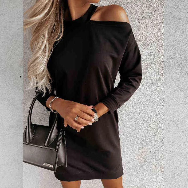 Elegante Solid Long Mouw All-Match Jurken Dame Chic Party Jurk Damesmode Sexy O-hals Hollow Off Shoulder Design Jurk Y1204