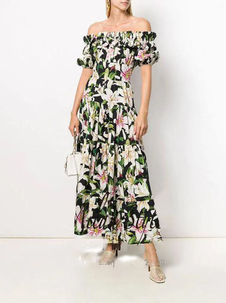 concepteur de piste fleur de lys imprimé slash cou froncé floral maxi A-ligne à manches courtes été robe de mujer robe vintage 210421