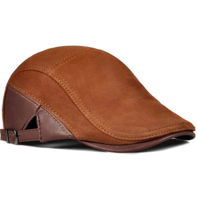 2021 Fashion European Style Genuine Leather Caps Beret Man Casual Sheepskin Suede Black/Brown Fitted Duckbill Hats Male