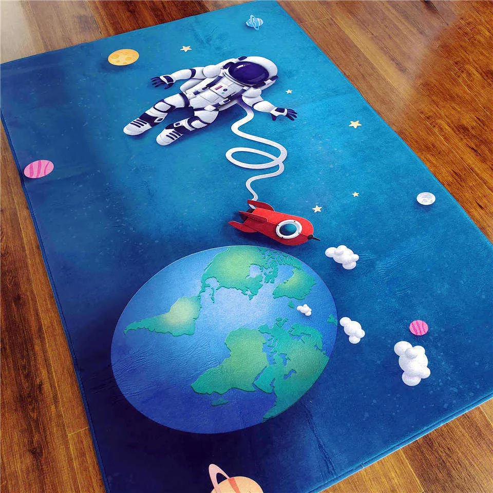 Cartoon Raket Astronaut 3D-tapijt Kinderruimte Ruimte Flanel Spons Vloer Mat Tiener Room Rug Leuk Crawling Speel Mat Bedside Tapijt 210917