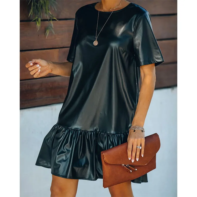Yüksek Sokak Moda Kadınlar PU Deri Elbise Bayanlar Yaz Kısa Kollu Pileli Mini Gevşek Fransız Tarzı Vintage Toptan 210525