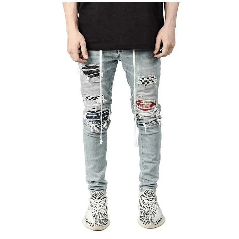 Noir Skinny Jeans Hommes Déchiré Grille Patchwork Stretch Denim Pantalon Élastique Hip Hop Pantalon Jogging Crayon Pantalon 2020 Hommes Vêtements X0621