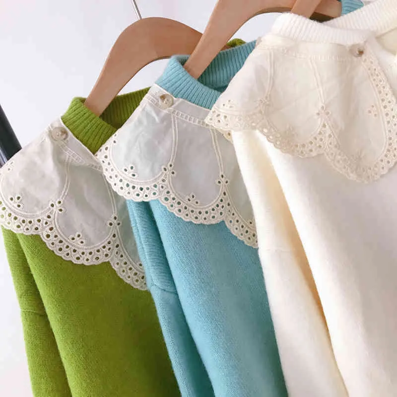 Women Lace Cardigans Open Stitch Autumn Winter Poncho White Knit Jacket Sweet Sweaters Girls Outerwear 210430