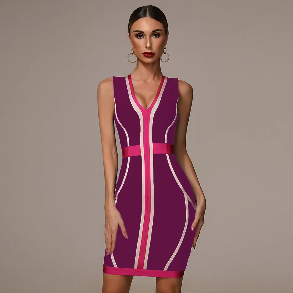 2021 Summer New Women s Fashion Sexy Striped Stitching Bandage Dress Deep V Neck Vestidos Party Club Mini Christmas Dress 210319