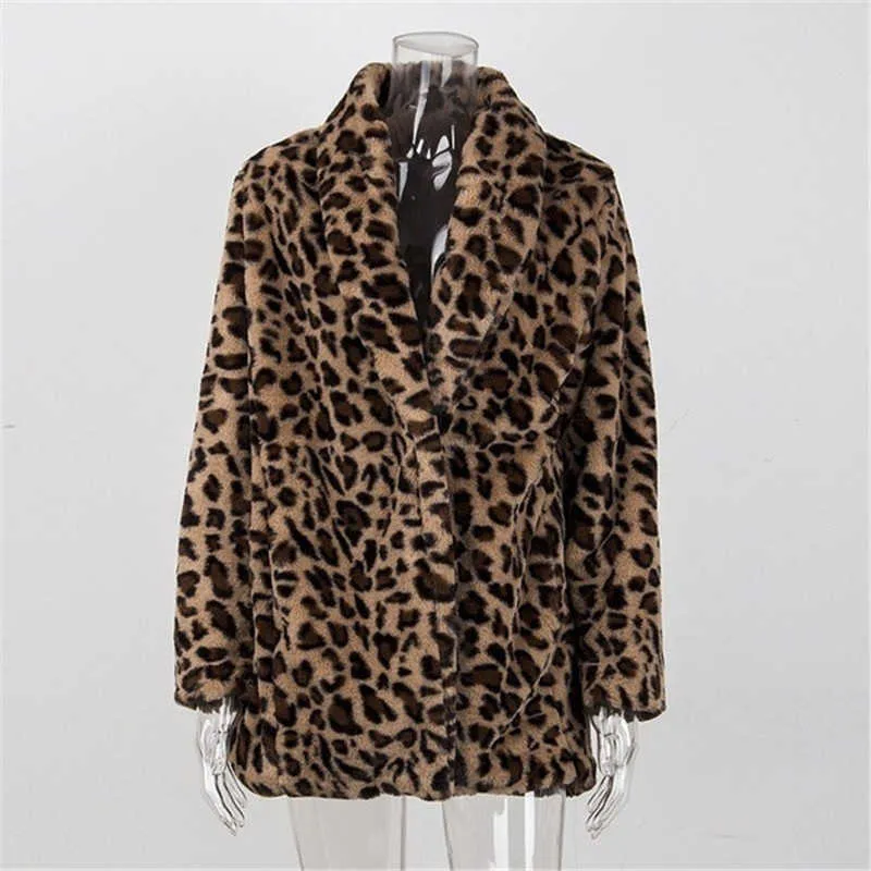 毛皮のコートの女性冬のプラスサイズのヒョウのファックスふわふわのヘアジャケットカーディガン暖かい長いケープ211019