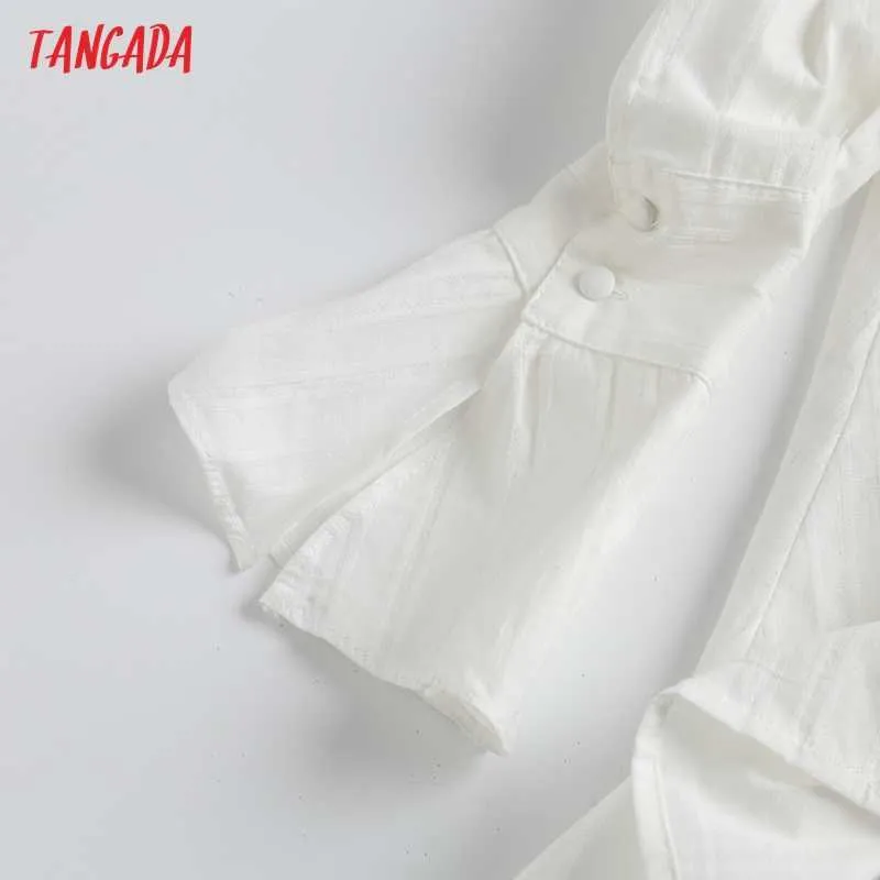 Tangada Mode Frauen Weiße Tunika Baumwolle Hemd Kleid Flare Langarm Büro Damen Mini Kleid 5S16 210609