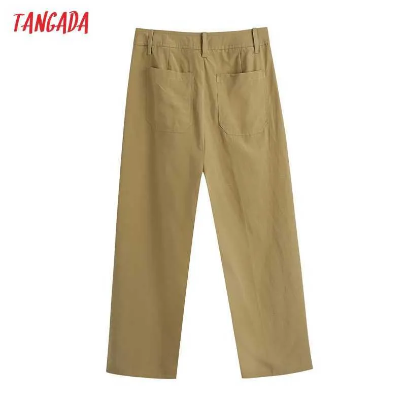 Tangada Fashion Femmes Kaki Costume Pantalon Pantalon Poches Boutons Bureau Lady Pantalon Pantalon BE809 210609