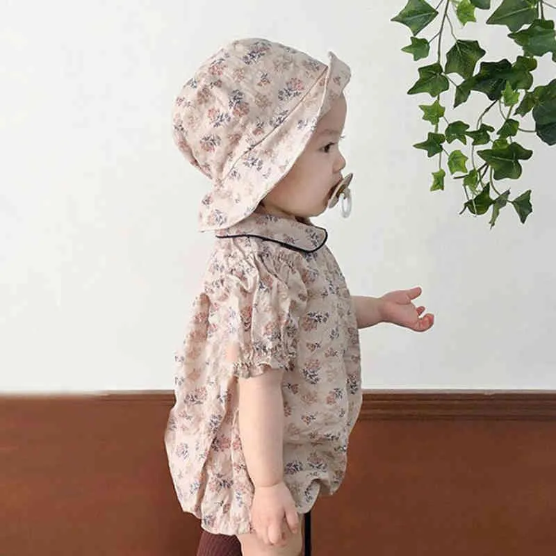 Babyflickor Kläder Sommar Sunsuit Cherry Print Princess Rompers + Hat Set Spädbarn Outfit Jumpsuit 210429