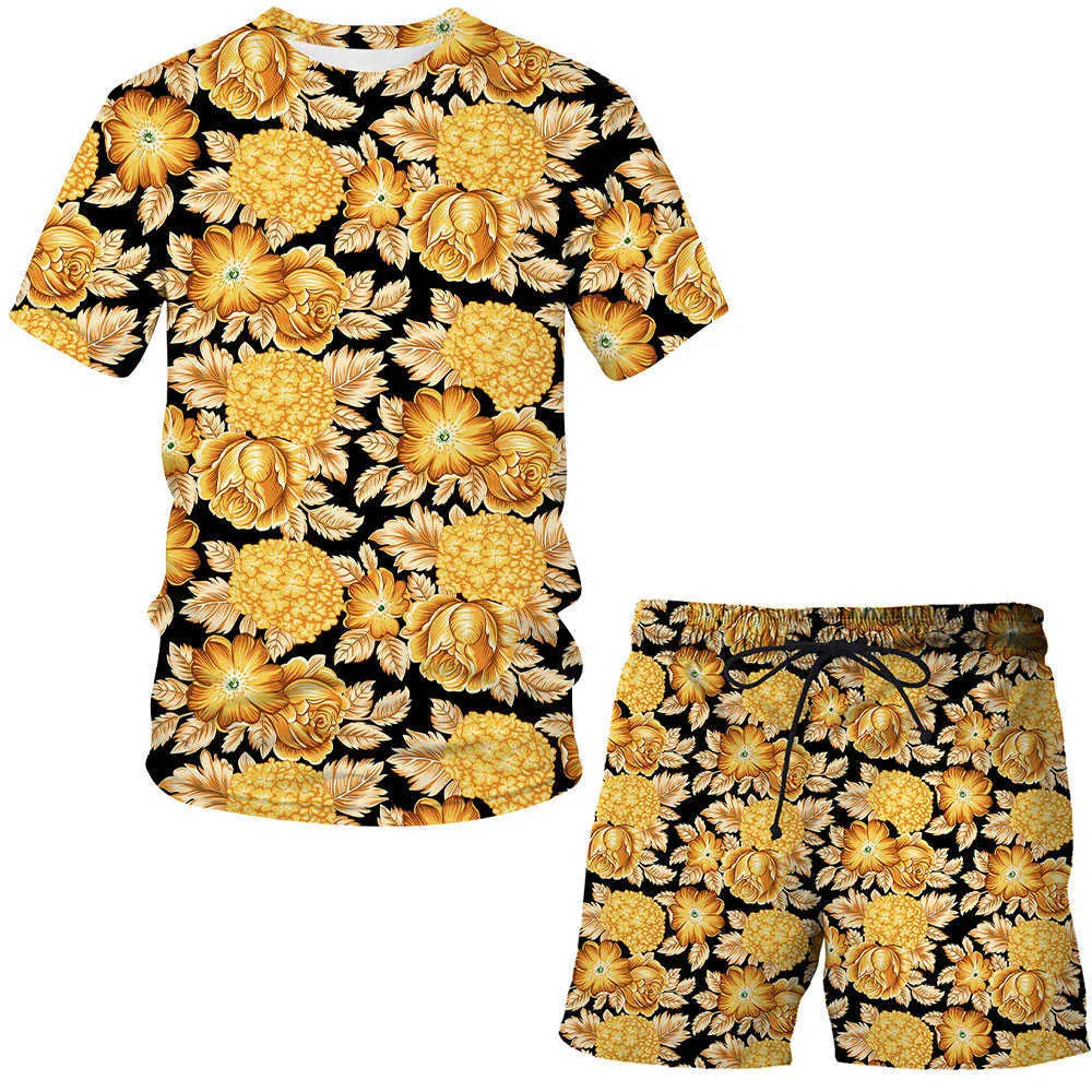 Летняя повседневная футболка с коротким рукавом, шорты, мужской спортивный костюм, 2 шт., футболки + спортивные штаны, корона, золотой цветок, комплект Moleton Masculino, унисекс X0909
