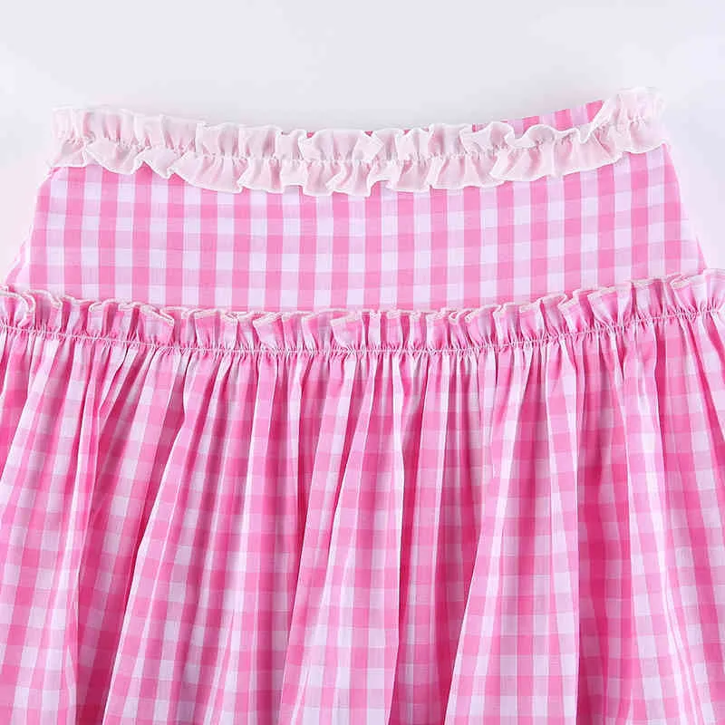 Rosa Plaid Mini Skirt Kvinnor Pläterad Hög midja Y2K Estetisk Gothic Lace Patchwork A-Line Kjolar 90s E-Girl Lolita Kläder 210517