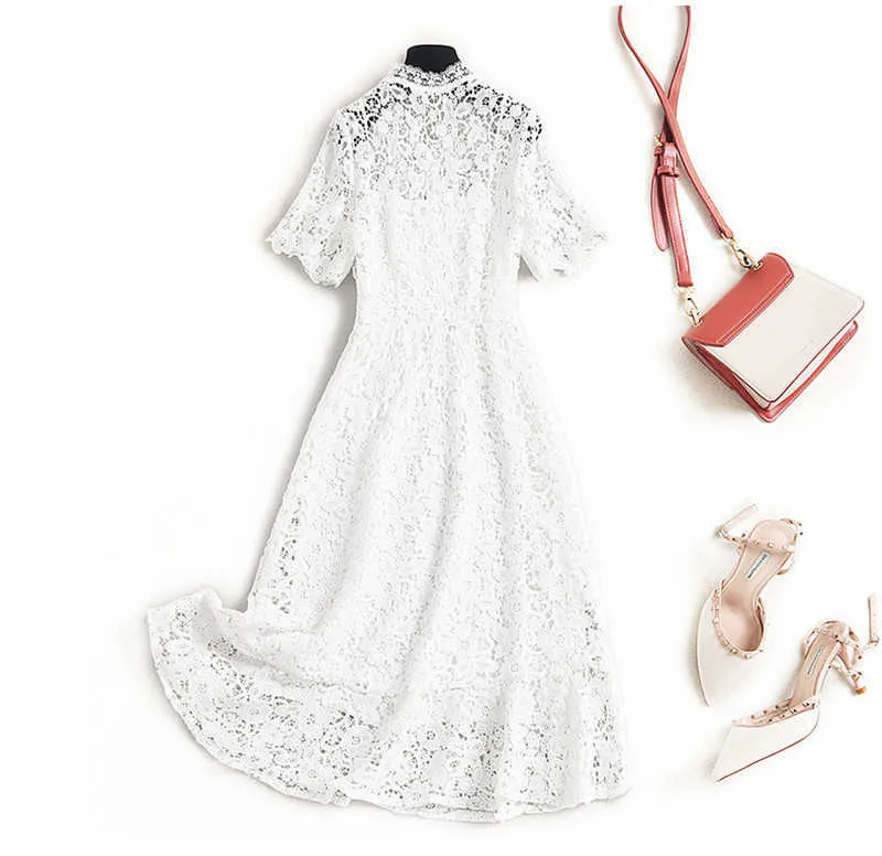 Sommar mode kvinnor bana designers kortärmad ihålig ut vit spets fest klänningar 210601