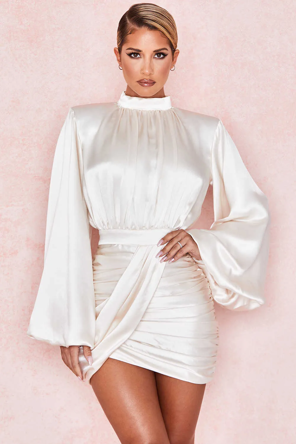 2021 Summer Women's Black And White Lantern Sleeve Bag Hip Pleated Mini Skirt Sexy Nightclub Dress S-XL Size Y1006