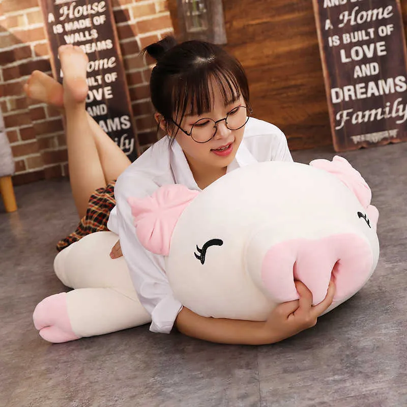 110 cm Giant Piggy Doll Pink White Lying Sleepy Plush Animal Toy Ultra Soft Squishy Down Cotton Farcito Regalo bambini 210724