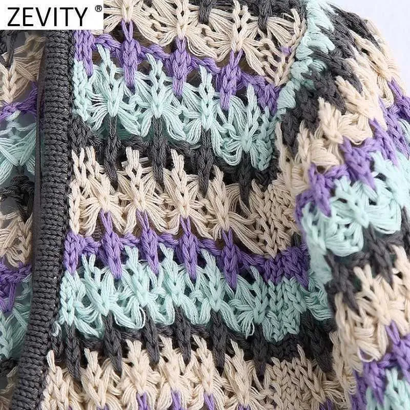 Zevity Women Fashion Color Matching Hollow Out Crochet Stickning Sweater Ladies V Neck Casual Slim Crop Pullovers Tops SW822 210914