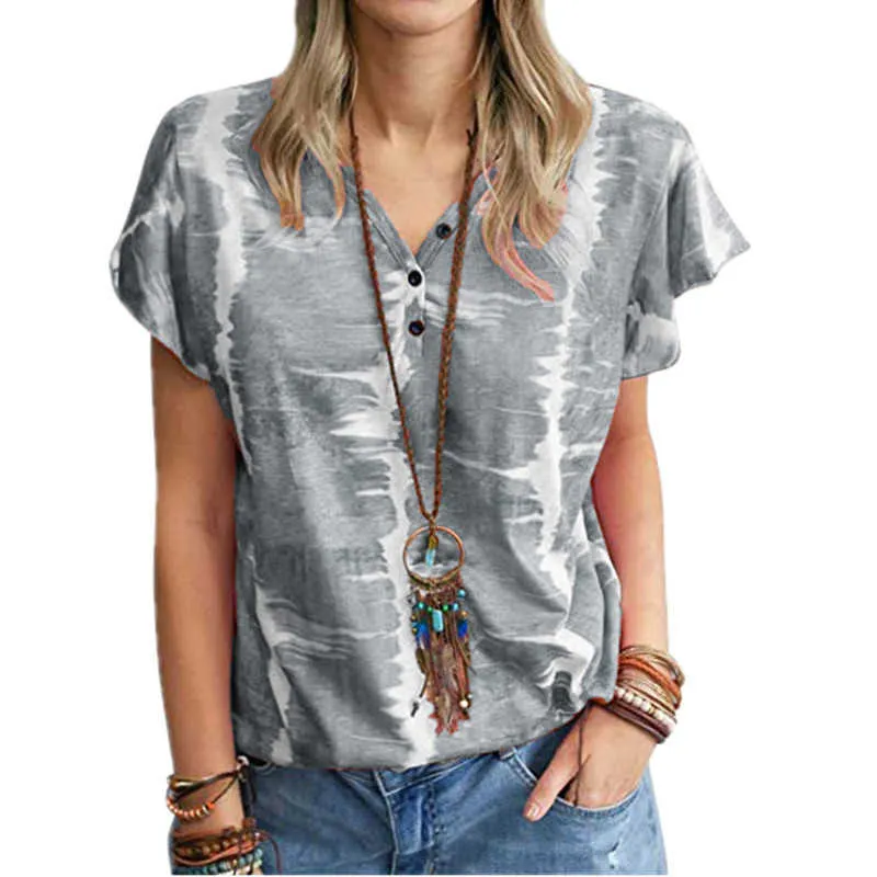Plus Taille S-5XL Summer Femmes T-shirt Ruffle manches courtes Patchwork Touche Print Tops Tops Streetwear Casual Col V-Col Pull-Tees 210526
