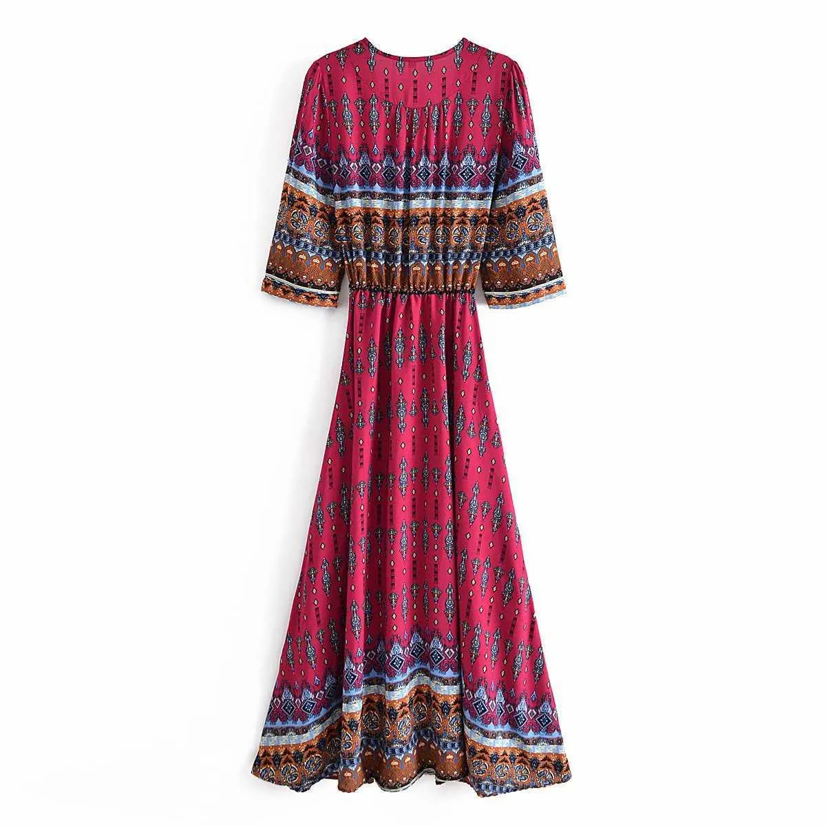 夏の女性チュニックドレスカフンVネックファッションヴィンテージエレガントなカジュアルな女性プリントBoho Maxi Dress Femme Robe 210709