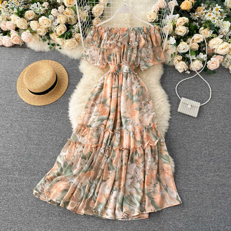 Summer Bohemiaシフォンドレス女性のフリルオフセクシーなビーチドレスレディースフローラルプリントMidi Robe Vestidos 210525