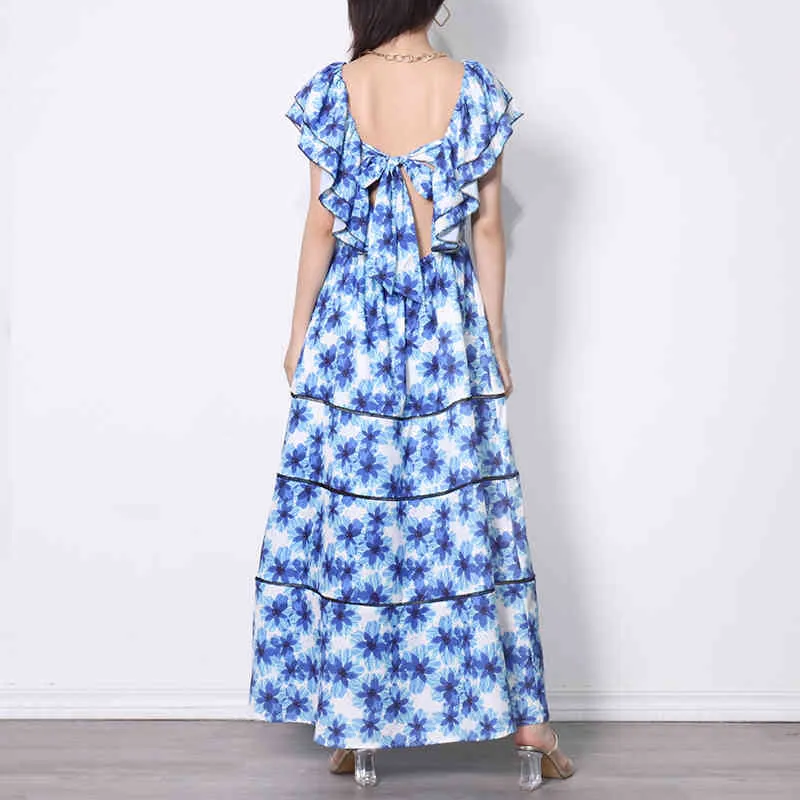 Blaues Druck-Patchwork-Kleid für Frauen Slash Neck Butterfly Sleeve High Waist Midi Hit Color Kleider weiblich 210520