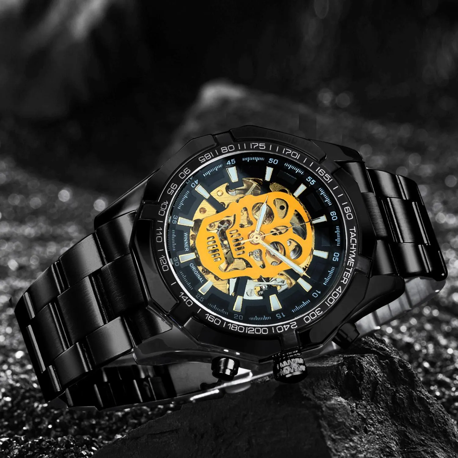 GEWINNER Offizielle automatische GOLD-Uhr-Männer-Stahlarmband-Skelett-mechanische Schädel-Uhren Top-Marken-Luxus-Tropfen-Ganze 210226g