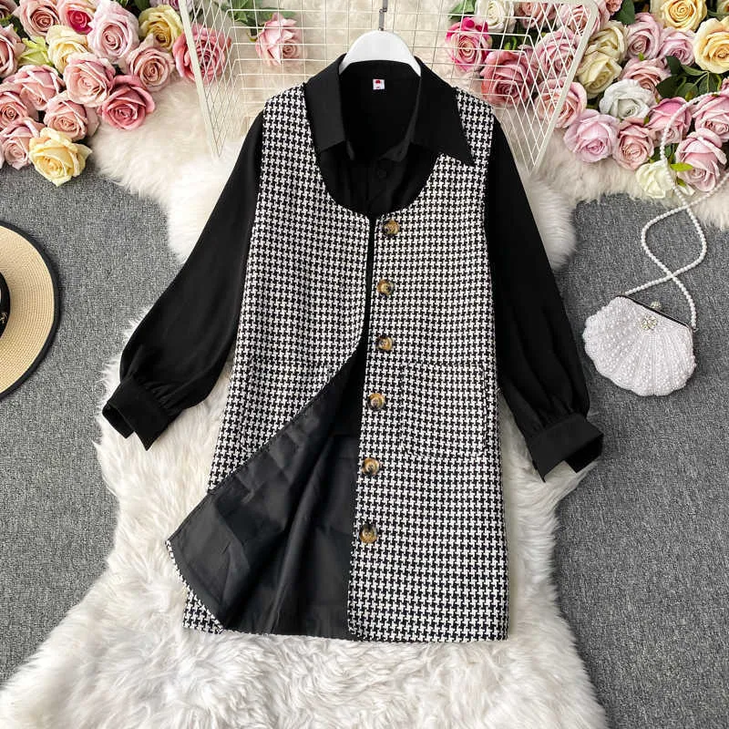 LY VAREY LIN Otoño Mujeres Turn-down Collar Camisa de un solo pecho Traje de estilo pijo + Conjunto de 2 piezas Dulce lindo Plaid Camis Dress 210526