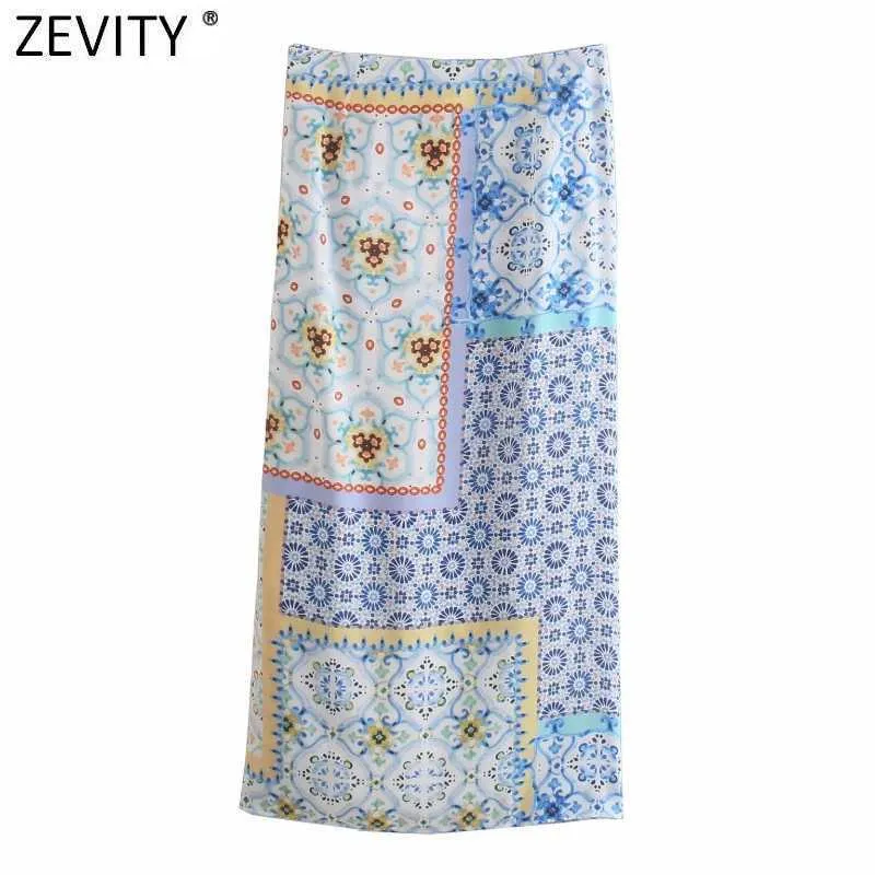 ZEVITY Kadınlar Vintage Bez Patchwork Çiçek Baskı Düğümlü Salong Etek Faldas Mujer Kadın Yan Fermuar Chic Ince Vestidos Qun793 210629