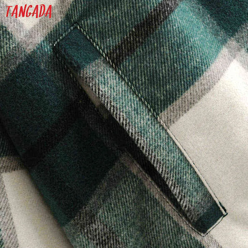 Tangada hiver femmes vert plaid Long manteau veste décontracté haute qualité chaud pardessus mode longs manteaux 3H04 211104