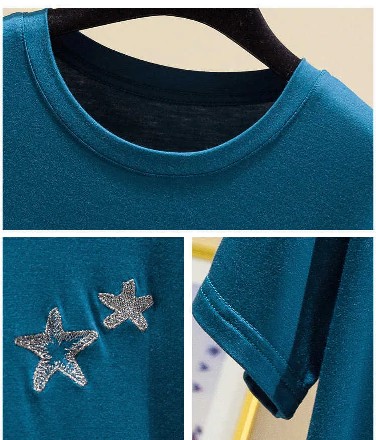 Harajuku Estate Manica Corta T-shirt Donna Modale Cotone Ricamo Five Star Casual Tees Camicia Femme Top Donna Basic Magliette 210604