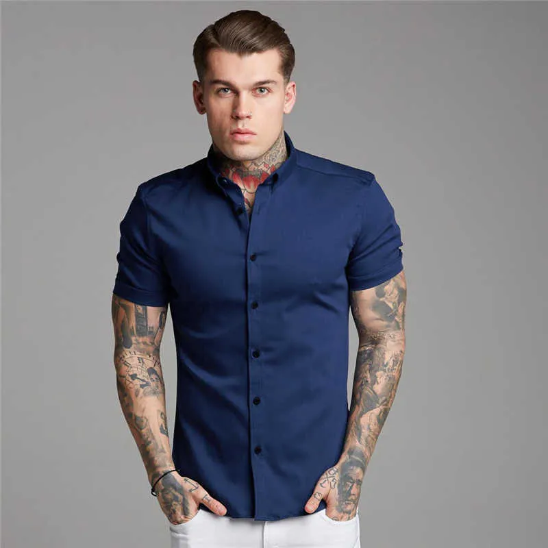 Chemises de mode d'été hommes Slim Fit bouton rabattu à manches courtes chemises à séchage rapide été chemises de tenue décontractée chemises de sport masculines 210708