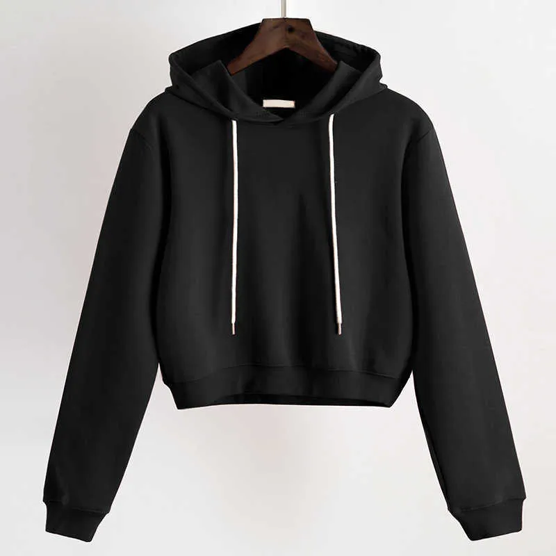 Women Plain Hoodies Crop Top Solid Color Long Sleeve Ladies Hooded Pullover Summer Autumn Fashion Girl Sweatshirts Clothing 210816