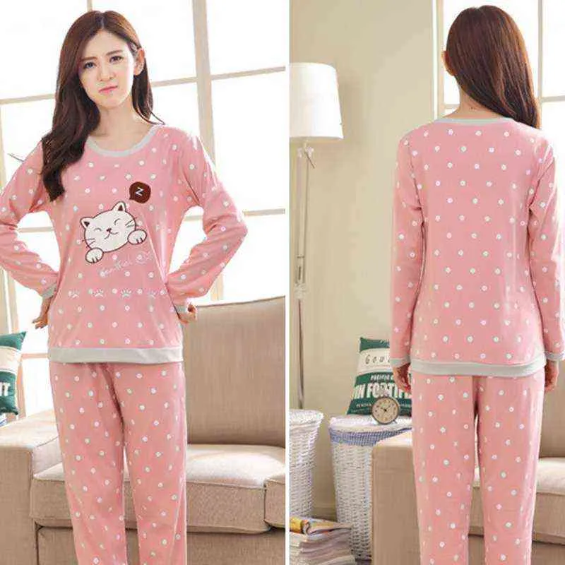 Femmes Nightwear Sexy Cartoon Imprimer Pyjama à manches longues Set Plus Taille Home Vêtements Top + Longpant 211105