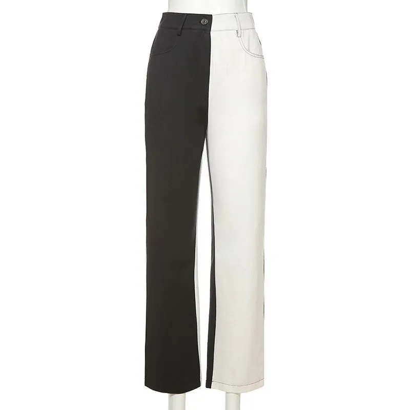 Women Bicolor Black White Jeans Patchwork High Waist Fashion Streetwear Denim Pants Straight Trousers Casual Cargo 210517