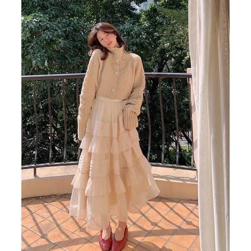 Vintage de haute qualité Elegant en couches de gâteau plissé Jupe femmes élastique haute jupe longue Lady Korean Fashion Wild Maxi Jupe 210619