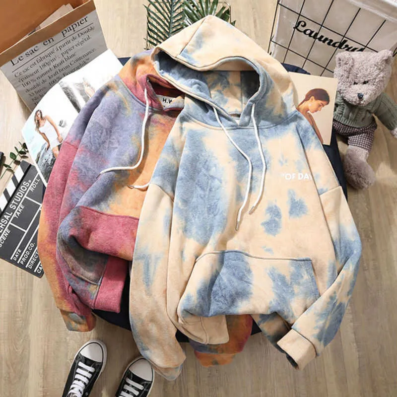 Boya Kravat Boya Kadın Hoodies Artı Kadife Kadın Kapüşonlu Rahat Kazak Harajuku Kazaklar Kore Tarzı Giysileri Tops 210803