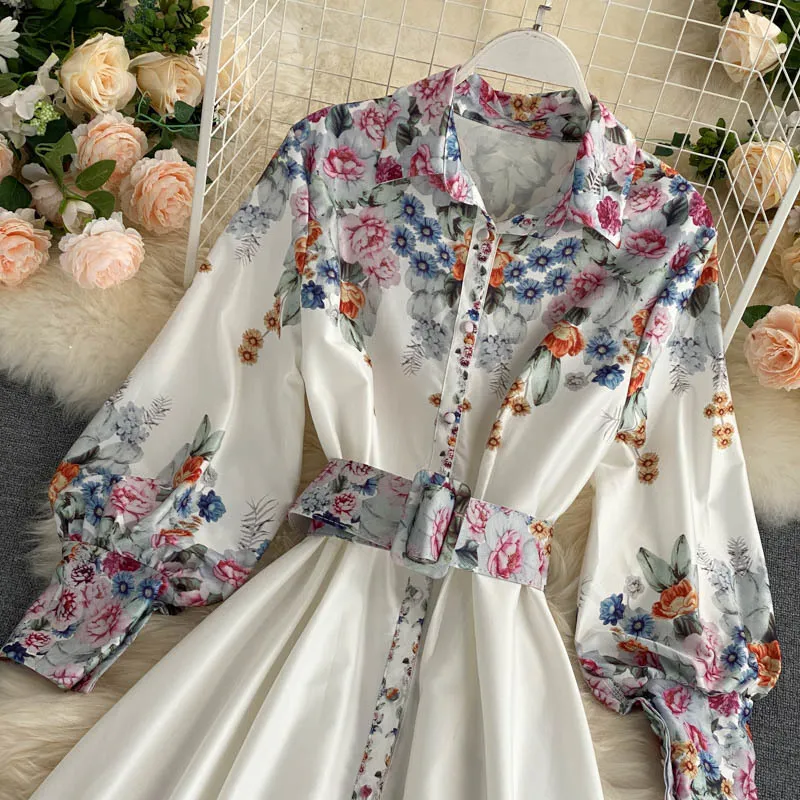 Spring Autumn Women's Long Dress Printed Sleeve Breasted Belt Sashes Retro Ethnic Style LL011 210506