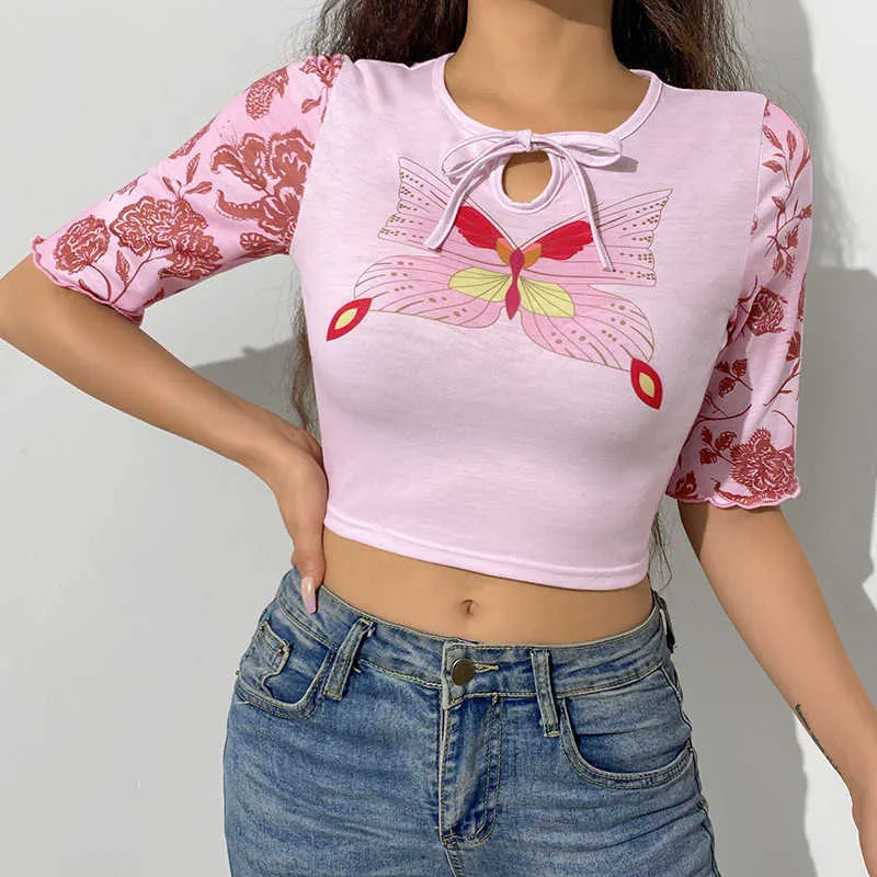 Fairycore Aesthetics Butterfly Print Rosa Crop Top Y2K Streetwear Gullig blommig Half Sleeve Patchwork T-shirts E-Girl Tees Y0621