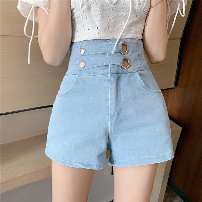 Lucyever mode bouton Denim Shorts femmes été bleu Slim Fit taille haute jean court femme coréen couleur unie pantalon dames 210521