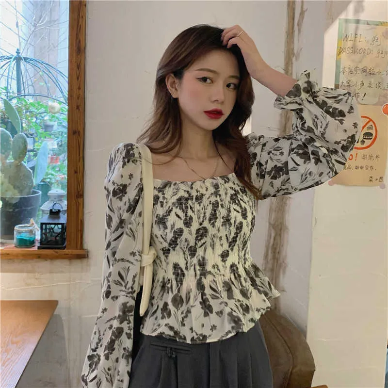 Шикарные корейские ретро квадратные шеи слойки с длинным рукавом цветочный принт блузка женщины короткие тонкие тонкие талии эластичные Blusas Mujer моды вершины 210610