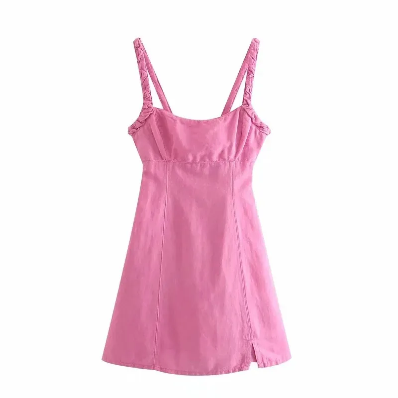 Klänning Kvinna Rosa Linne Slip Mini Kvinnor Baklösa Ruched Rem Kort Sommar Es Bow Bundet Sexig ES 210519