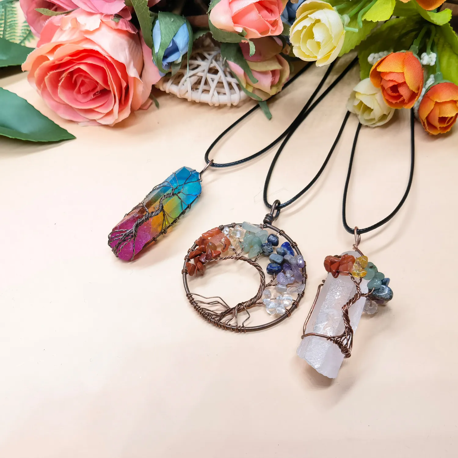 Pendentif arbre de vie, 3 pièces, collier en cristal de Quartz, pierres précieuses Chakra, fil de cuivre et d'argent enveloppé 2563