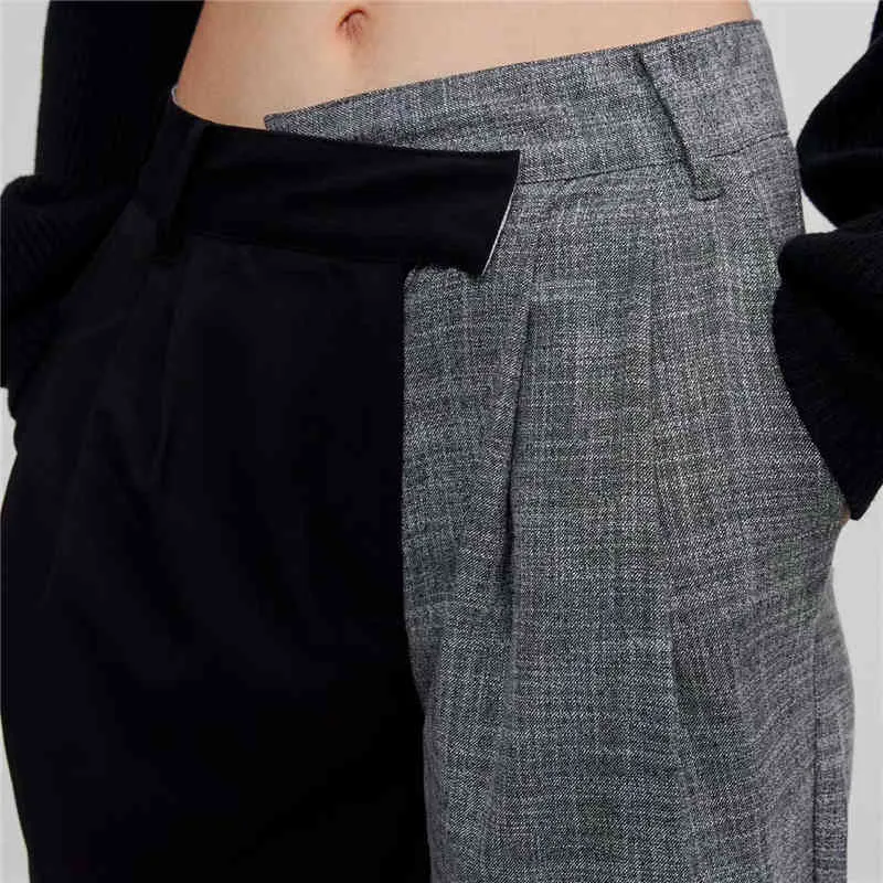 Eleganckie kobiety Czarny Szary Patchwork Długość Spodnie Moda Damska Proste Spodnie Streetwear Kobiet Chic Pocket Pant 210427