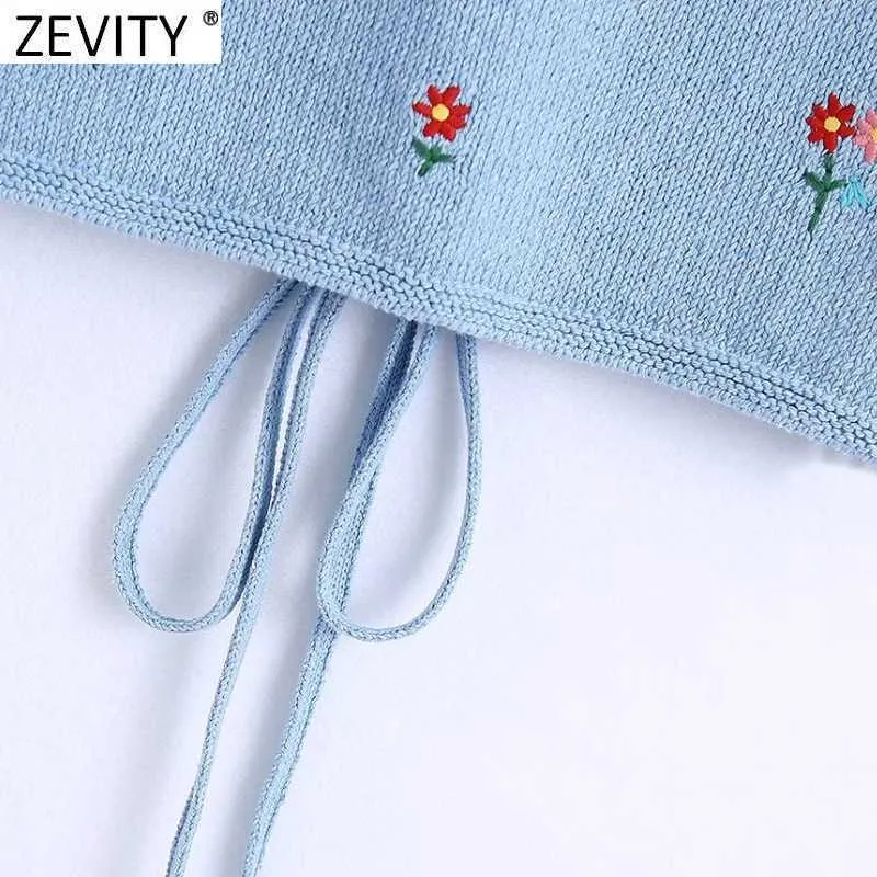 Zevity Women Chic Floral Broderi Stickning Halter Camis Tank High Street Ladies Sommar Backless Lace Up Crop Tops LS9417 210603