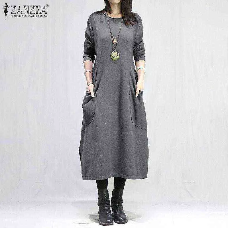 Höst vinter sweatshirt klänning zanzea kvinnor o neck långärmad fleece klänning casual solid lös vestido sundress robe g1214