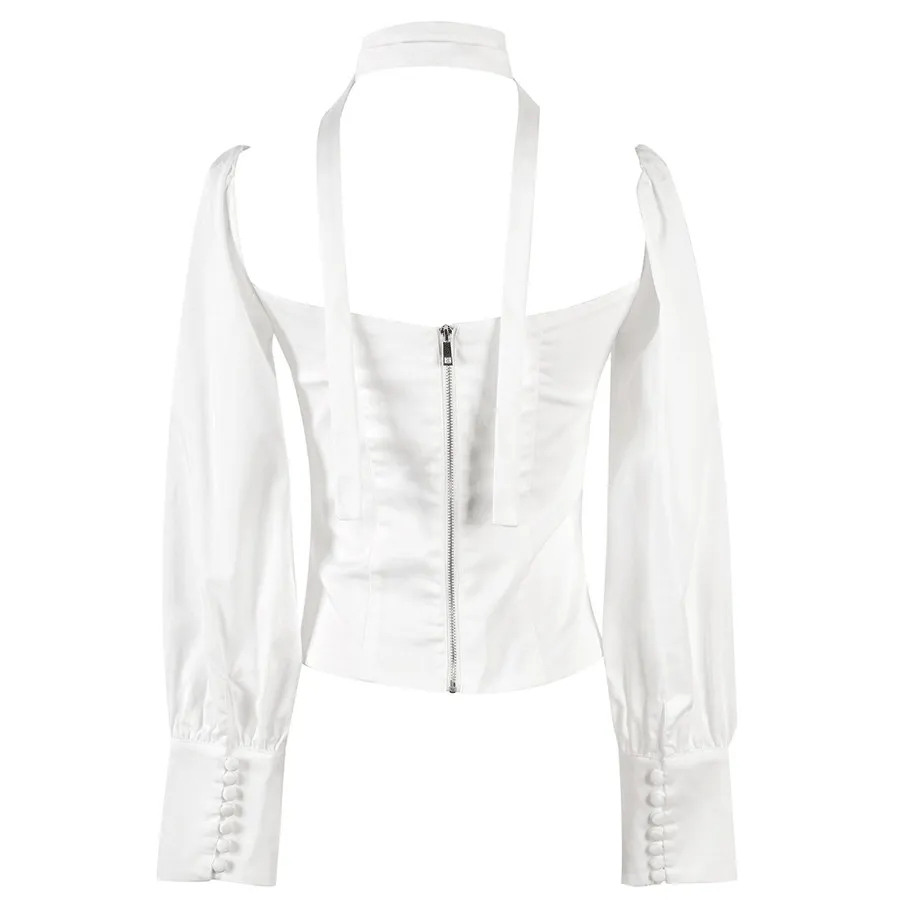 Herfstaankomst vrouwen uit schoudertop blouse lange mouw dames shirt tops hoogwaardige solide witte sexy SN 210326