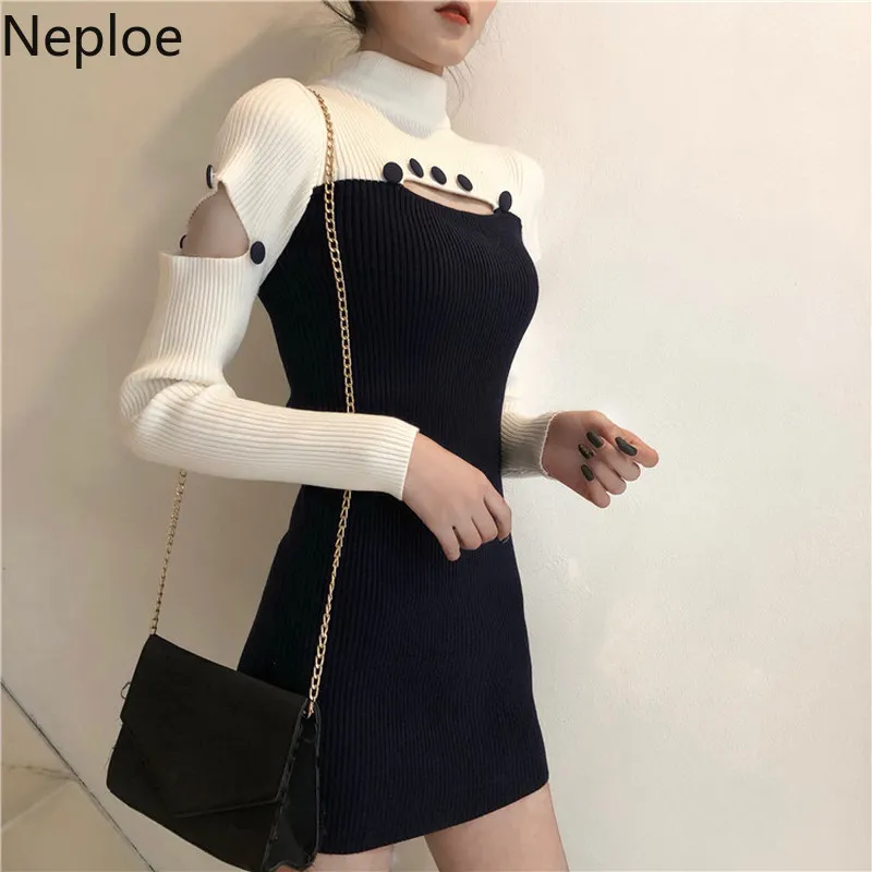 Abiti Neploe donna Sexy Lady scava fuori abiti lavorati a maglia dolcevita manica lunga abito aderente aderente mini abito 4G383 210422