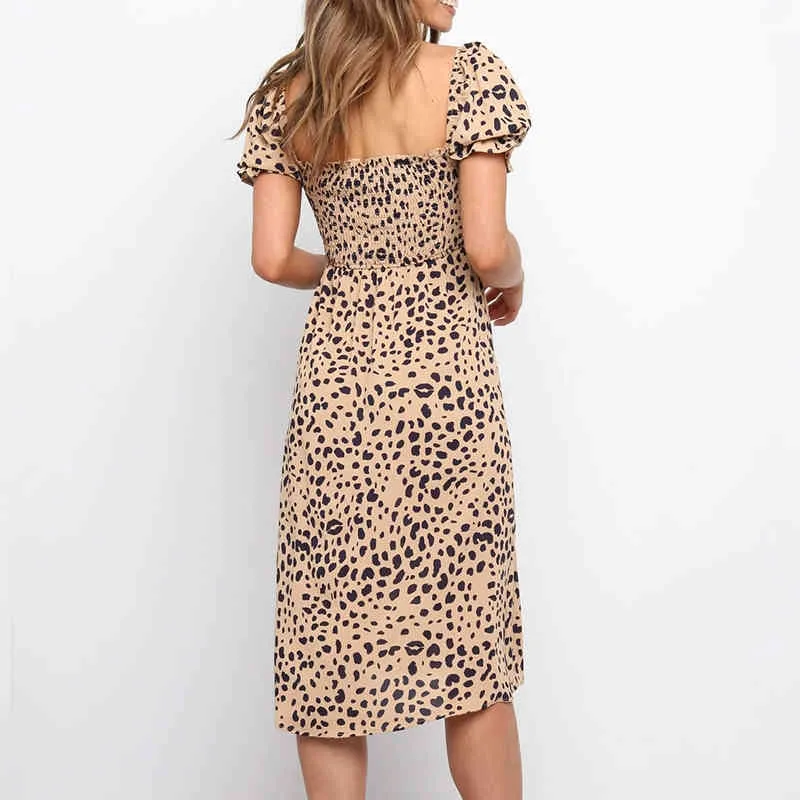 Abito estivo sottile con stampa a spacco a maniche corte Abito boho a-line leopardato al ginocchio Abito da donna stile spiaggia vestidos 210514