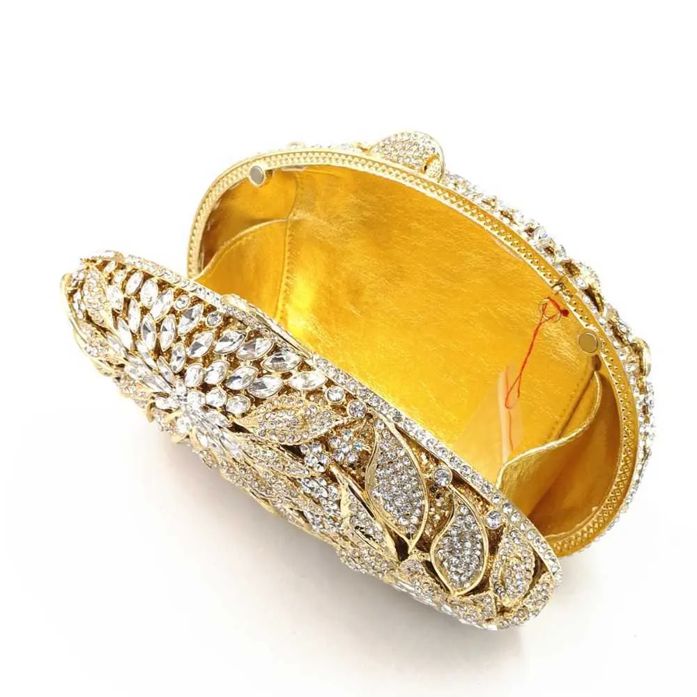Feuilles de métal doré cristaux blancs soirée pochettes de luxe femmes fête de mariage sac à main boule sacs à main Mini Minaudiere 211025