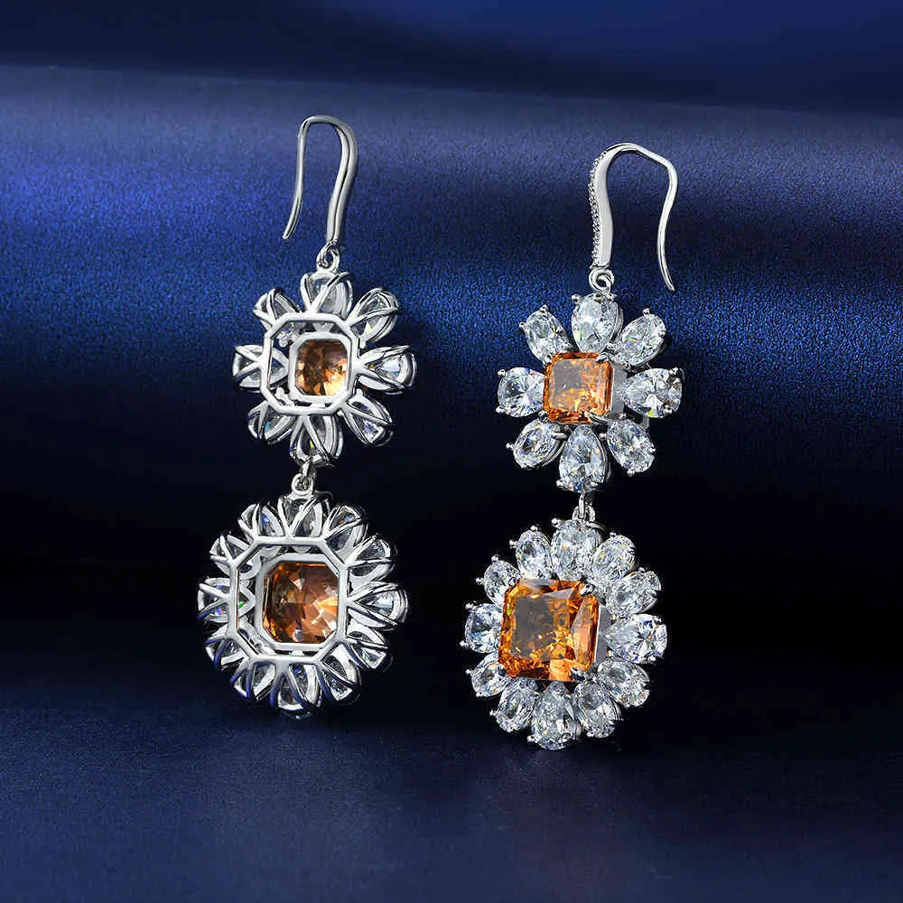 Charms 925 Sterling Silver 10*10mm Sunflower Topaz Aquamarine Lab Diamond Hanging Earrings For Women Wedding Party Fine Jewelry