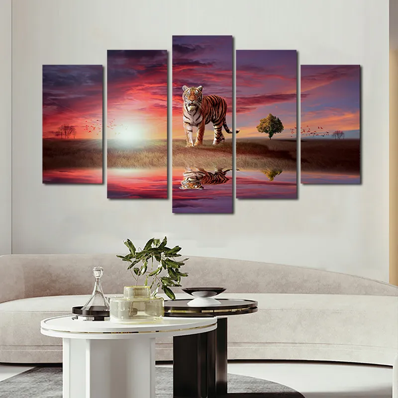 5 PanelsTiger Sunset Poster Tier Leinwand Malerei Wand Bilder Für Wohnzimmer Landschaft Drucke Wohnkultur